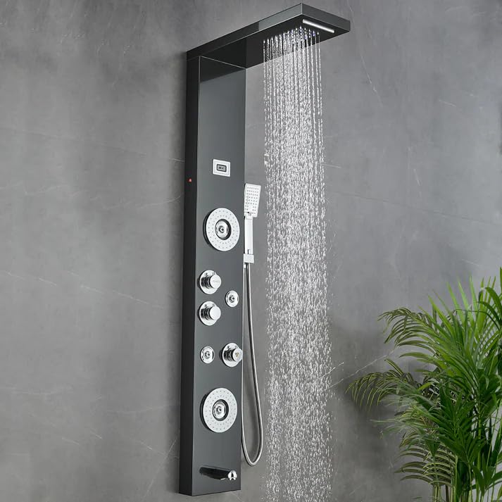55 in. 6-Jet Stainless Steel Matte Black Shower Panel System w/Fixed LED Rainfall & Waterfall Showerhead, Temp Display, Tub Spout & Handheld Luxury Wall Mount Bathroom Tower
