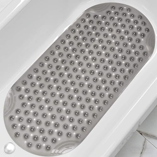 Anti Slip Bathtub Mat,Non Slip Bath Mat,16x35 Inch Extra Long Tub Mat,Machine Washable Bathroom Shower Mat with Suction Cups and Drainage Holes,Soft on Feet (Grey) - color: Clear Grey