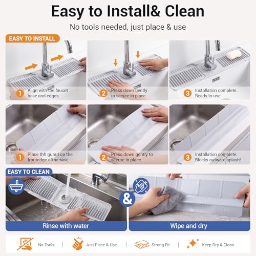 2 Pcs Kitchen Sink Splash Guard Set, 24 Inch Silicone Faucet Mat for Kitchen Sinks + 23 Inch Sink Backsplash Guard, Self Draining Faucet Splash Guards Behind Faucets, Food Grade Silicone, Gray