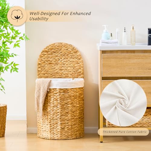 Half Round Wicker Laundry Hamper with Lid and 2 Removable Liner Bags, Handwoven Natural Water Hyacinth Laundry Basket for Dirty Clothes, Natural - color: Natural, size: 90L