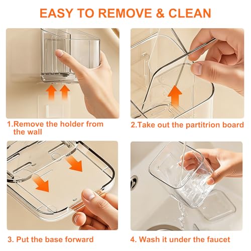 Toothbrush Holder Wall Mounted, 3 Slot Detachable Organizer with Divider and Toothpaste Holder for Electric and Manual Toothbrushes, Makeup Brush in Bathroom (Gray)