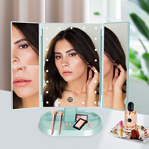 Trifold Lighted Vanity Makeup Mirror with 21 LED Lights,1x/2x/3x Magnification Touch Screen Dimming,Two Power Supplies Makeup Mirror, Gift for Women - color: Green
