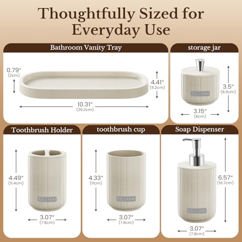 Cream Bathroom Accessory Set 5 Piece with Soap Dispenser, Storage Jar, Bathroom Counter Tray, Toothbrush Holder and Toothbrush Cup, Modern Stone-Effect Bathroom Countertop Decor Bath Sets