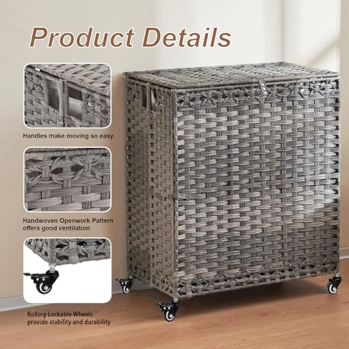 Laundry Hamper with Wheels&Lid, 50.2 Gallons(190L) Rolling Laundry Basket with Wheels, 3-Section Laundry Hamper, Handwoven Rattan Clothes Hamper with 6 Removable Liner& 3 Mesh Laundry Bags, Grey - color: Grey