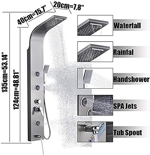 Brushed Nickel Bath Shower Panel Rainfall Waterfall Tower Shower Column with Body spa Massage Jets Spray Nozzle tub Faucet spout