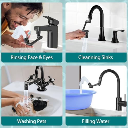 CECEFIN 1440 Swivel Faucet Extender for Kitchen/Bathroom Sink, NSF/ANSI 372 | Black Tap Aerator Extension, 1080° Large-Angle Splash, 2-Water Outlet Spray, Rotating Robotic Arm, Wash Hand/Face - color: B- Black- Swivel Faucet Aerator