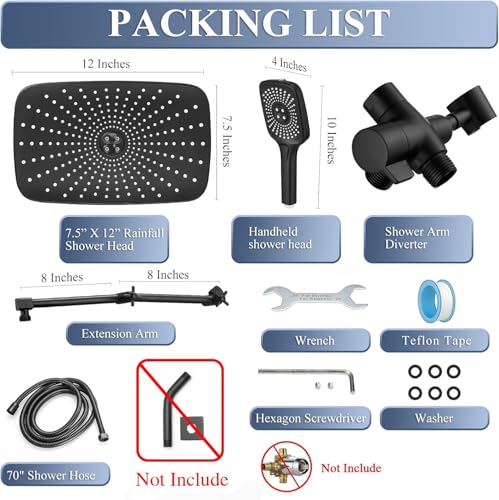 High Pressure Rain Shower Head with Handheld Spray Combo, 12 Inch Rainfall Shower Heads with Adjustable Extention Arm, Wide Dual Waterfall Showerhead with 3-Way Diverter(Matte Black) - color: Black, size: 12 Inch