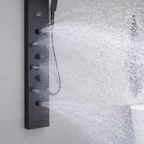 BWE Shower Panel Tower System LED Light Temperature Display 6-Function Stainless Steel shower system with Rainfall Waterfall Massage Body Jets Tub Spout and Handheld Shower, Matte Black