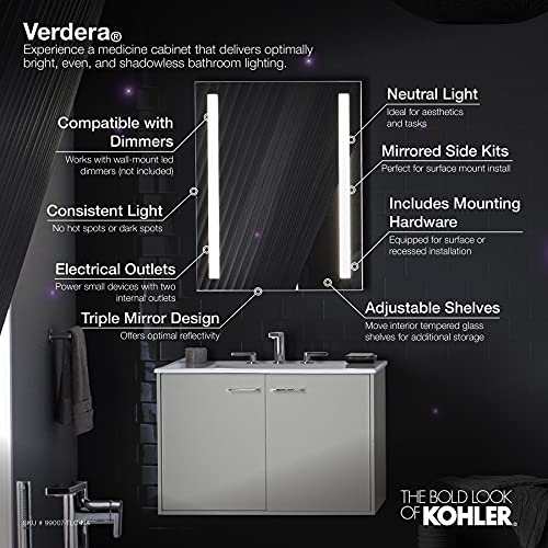 Kohler 99007-TLC-NA Verdera, Medicine Cabinet Mirror with Lights, Recessed or Surface Mount Bathroom, 24 in. W x 30 in. H - size: 24" W x 30"H, style: Lighted