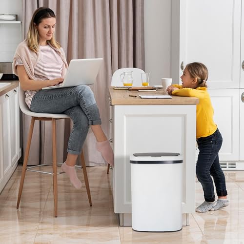 Kitchen Trash Can 13 Gallon Touchless Trash Bin White Garbage Can with Lid | Automatic Motion Sensor Bathroom Trash Can,50 Liter Waterproof Garbage Bin Wastebasket for Toilet,Office,Caravans,Bedroom - color: White