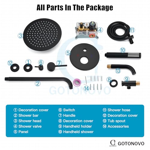gotonovo Tub Shower Faucet Set with Valve,Matte Black,Straight Handheld | 10” Rain Shower Head with Handheld Trim Kit,Luxury Shower System with Tub Spout,All Metal,Bathroom Wall Mounted 3 Function - color: Black