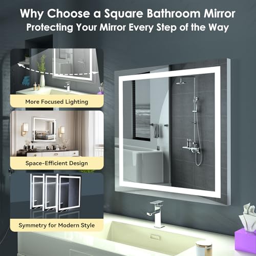 LED Lighted Bathroom Mirror with Anti-Fog, Square Wall Mounted Vanity Mirror with Smart Touch Button, Memory Function, Adjustable Warm White/Natural/Daylight Lights(24x24 inches) - size: 24"L x 24.1"W