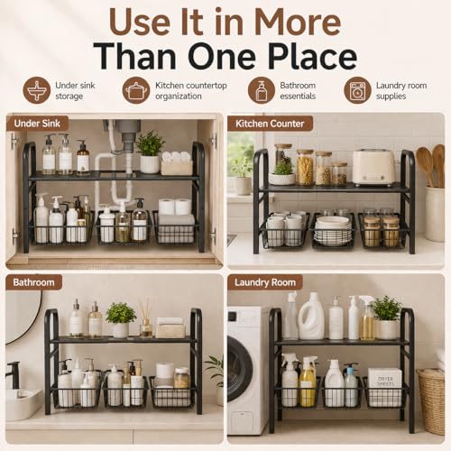 2 Tier Expandable Under Sink Organizer, 26.8 to 35.8 Inches Wide Carbon Steel Rack, Heavy Duty Storage for Double Sink Cabinet, P-Trap and Disposal Friendly (White)