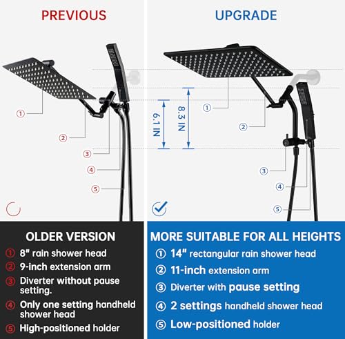 G-Promise 14 Inch All Metal Rain Shower Head with Handheld (Matte Black) | Full Body Coverage, Pause Mode Diverter, Power Wash Mode Handheld, Suits Every Height, Easy to Install, Modern Bath Upgrade - color: Matte Black, size: 14 Inches