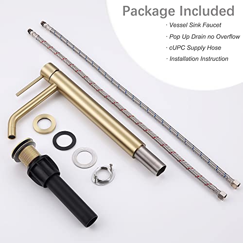 Brushed Gold Vessel Sink Faucet with Pop Up Drain and Supply Lines, Stainless Steel Gold Vanity Faucet Single Hole, JXMMP Single Handle Bathroom Faucet Gold, JXM1001BG - color: Brushed Gold, size: Tall Faucet