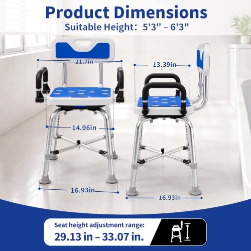 360° Swivel Shower Chair, 500 lbs Capacity, Height Adjustable | Swivel Shower Chair with Arms and Backrest for Elderly, Disabled or Bariatric Adults, for Shower & Bathtub Seat