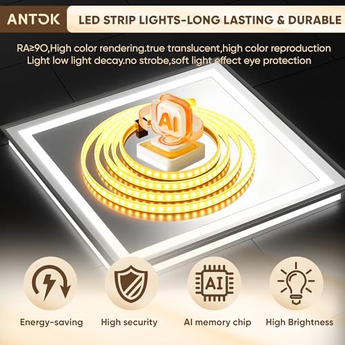 Antok 48X36 LED Bathroom Mirror with Lights, Vanity Mirror for Wall with Black Frame, Touch Control, Anti-Fog, Dimmable Lights, Shatter-Proof, Memory Function, Wall-Mounted Vanity Mirrors - size: 48"L x 36"W