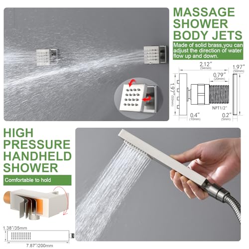 HOMEDEC Dual Side 6" Wall Mounted Shower System, 15.7x31.5" Ceiling Rain Shower, with Handheld and 6 Spray Jets, Brushed Nickel - color: Brushed Nickel, style: 5-Way + 2x 6" Top