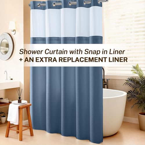 River Dream No Hooks Shower Curtain with 2 Snap in Liner, 71Wx74H | Waffle Weave, 1 Attached Snap in Liner and 1 Extra Replacement Liner, Bathroom Curtains Shower Set, Hotel Grade, Spa Like - color: Moonlight Blue