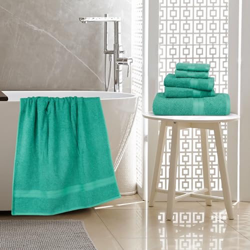 Amazon Basics 6-Piece Oversized Fade-Resistant Towel Set, 100% Cotton, Highly Absorbent, Soft, Teal, 2 Bath Towels, 2 Hand Towels, 2 Washcloths - color: Teal, size: 6-Piece Set, style: Classic