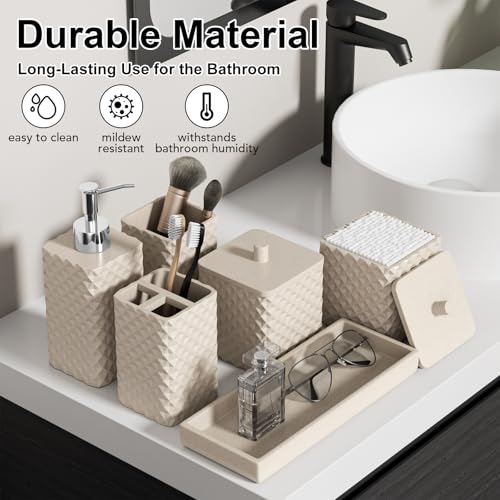 Bathroom Accessories Set Resin 6PCS, Square Toothbrush Holders Set Complete with Soap Dispenser, Vanity Tray, Tumbler, Cups and Cotton Swab Jars (Beige Diamond, Resin Bath 6 PCS) - color: Beige Diamond