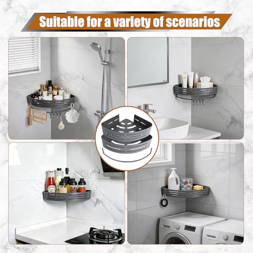 Matte Gray Corner Shower Shelf, 1-Pack Aluminum Bathroom Caddy Item Highlights No Drill Adhesive & Screw Mount, Rustproof Storage Rack with Towel Hooks for Shower, Toilet & Laundry Room