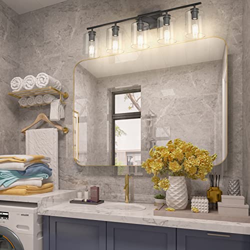 Aipsun 5 Lights Black Vanity Lights Fixtures Over Mirror with Clear Glass Shades Industrial Wall Light Fixture for Bathroom(Exclude Bulb) - size: 39.8 inch