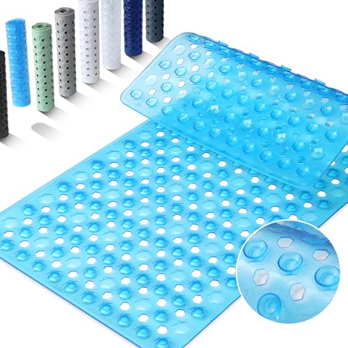Yimobra Bathtub Mat Non Slip, 34.5"X15.5" Long Shower Mat for Inside Shower, Machine Washable Bath Mat with Drain Holes & Strong Suction Cups, Soft on Feet, Bathroom Essentials, Clear Blue - color: Clear Blue, size: 34.5 X 15.5 Inch