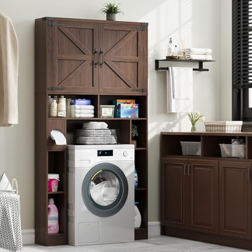 Vabches Home Space-Saving Toilet Rack with 2 Barn Doors, Espresso | Farmhouse Over The Toilet Storage Cabinet, with Toilet Paper Holder Stand, for Laundry, Restroom, Bathroom