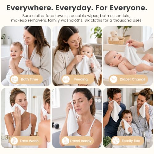MUKIN Baby Washcloths,Reusable Face Towels, Gentle for Sensitive Skin & Newborns – Highly Absorbent Wash Cloths for Bath, Burping, Makeup Removal,6 Pack – 10"x10"