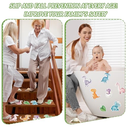 Whaline 30 Pcs Non Slip Bathtub Sticker Dinosaur Bathroom Anti Slip Shower Tread with Scraper Adhesive Bath Tub Decals for Kids Shower Floor Decor