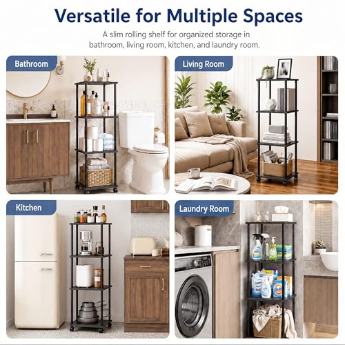 4-Tier 38.2" Tall Black Bathroom Shelving Unit with Wheels | Wood Finish, Metal Frame, Rolling Narrow Open Shelf Design, for Laundry Room, Kitchen, Living Spaces, Easy to Move - color: Black, size: 4-Tier