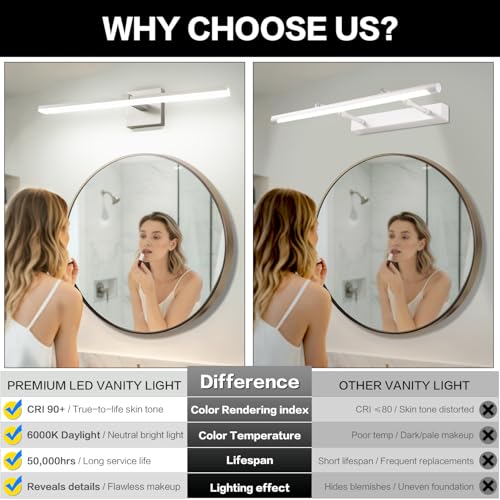 24 Inch Bathroom Light Fixtures Over Mirror Brushed Nickel Arm Design Wide LED Vanity Bar 5CCT 2900K 6000K 18W 1440lm - color: Brushed Nickel- 5CCT& Dimmable, size: 24-inch