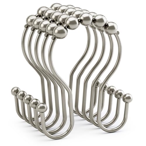 AmazerBath Shower Curtain Hooks, Shower Curtain Rings, Metal Nickel Shower Curtain Hooks Rust Proof, Smooth Glide Double Shower Hooks for Shower Curtain, Shower Rod Hooks 12Pcs - color: Nickel, style: Double Shower Hooks
