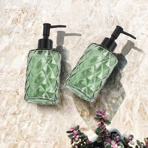 Clear Green Glass Soap Dispenser with Pump, 12oz Diamond Design Hand Soap Dispenser, Refillable Lotion Dispenser & Dish for Dishwashing Liquid, Shower Gel - color: Diamond Green
