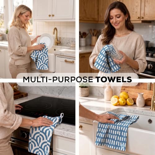Kitchen Towels, Dish Towels for Kitchen, 2 Pc Kitchen Towel Set | Microfiber Waffle Towels, 16 x 26 inches, with Hanging Loops, Reusable Tea Towels, Cute Kitchen Towels - 2 Pack - color: Blue Geometric