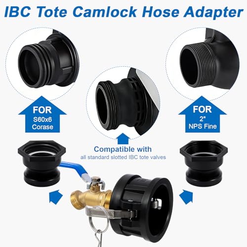 IBC Tote Hose Adapter, 2" Cam Lock Fittings for 275-330 Gallon IBC Tote Tank, 2" Fine and Coarse Groove, 3/4" Male NPT Inlet ×3/4" Male GHT Brass Hose Faucet Garden Hose Connector