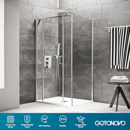 gotonovo Ceiling Shower System with Handheld Polished Chrome,12 inch Head | Ceiling Mount Bathroom Shower Faucet Set,SUS304 Rainfall Head and Handle Set Combo,Brass Valve Trim Kit,All Metal - color: Chrome, size: 12 inch Head