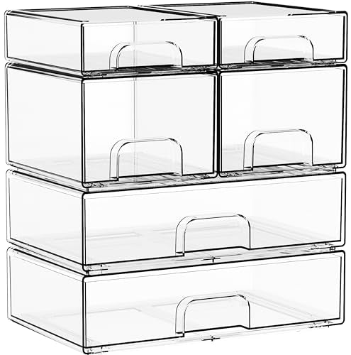 Clear Stackable Storage Drawers - Set of 6 - Acrylic Drawers,Bathroom Organizer Bin and Plastic Makeup Organizer,Clear Stacking Brightroom Storage Boxes for Vanity,Cabinet,Pantry Organization - style: 6 PACK(3 Size)