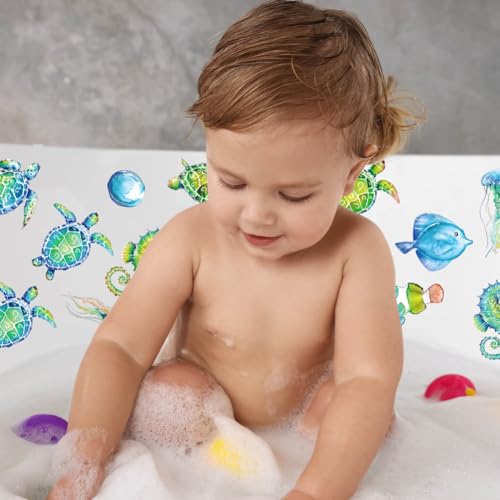 20 Pcs Non Slip Bathtub Stickers Submarine Sea Creature Anti Slip Decals Adhesive Turtle Fish Jellyfish Bathtub Appliques with Scraper for Shower and Bath(Color C) - color: Color C