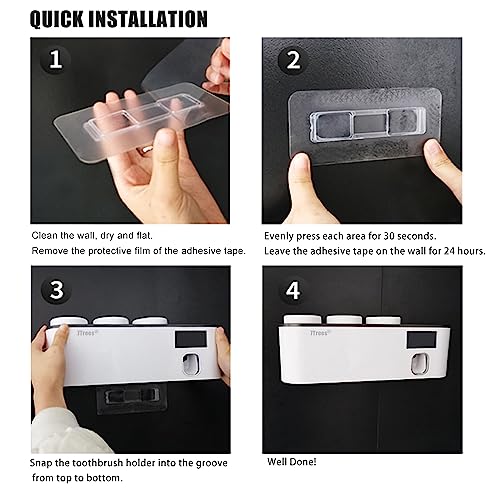 Toothbrush Sanitizer, Self Adhesive Toothbrush Holder with 3 Cups, Automatic Toothpaste Squeezer Dispenser Bathroom Accessories Set (Black)