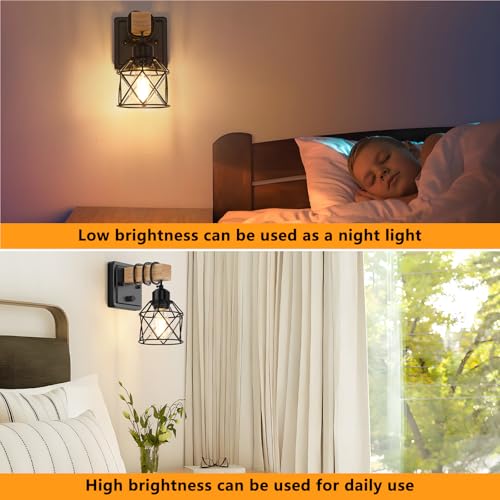 FadimiKoo Dimmable Wall Sconces Set of Two, Bedside Wall Mounted Lamp with Rotary Switch, Wooden Black Bathroom Light Fixtures with Metal Cage, Hardwired Farmhouse Wall Lights for Bedroom, Living Room - color: Black, size: 1-Light (2 Pack)
