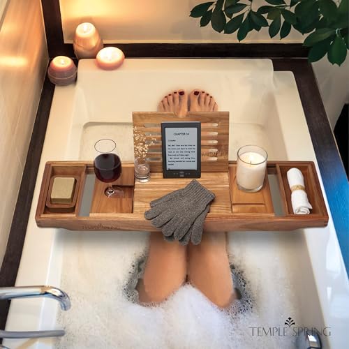 Acacia Wood Bathtub Tray Caddy for Tub — Expandable Bath Tray with Solid Book Stand Wine Holder and Non-Slip Pads — Includes Soap Dish and Spa Accessories — Luxury Hardwood Bath Gift Set - color: Acacia Wood