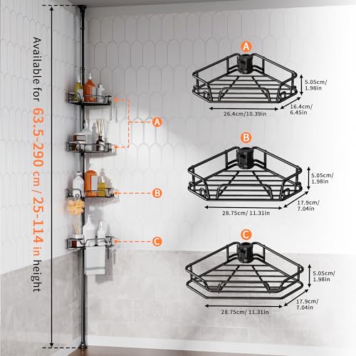 KEGII Corner Shower Caddy Tension Pole, Large Capacity Organizer, Black | Easy Installation with Towel Bar and Hooks, Adjustable 25-114.2 inch Rod for Shampoo, Bath Essentials and Family Bathrooms