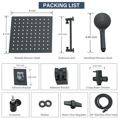 Matte Black Shower Head, High Pressure Rainfall 8 Inch Shower Head/Handheld Showerhead Combo with 10" Extension Arm, Height/Angle Adjustable