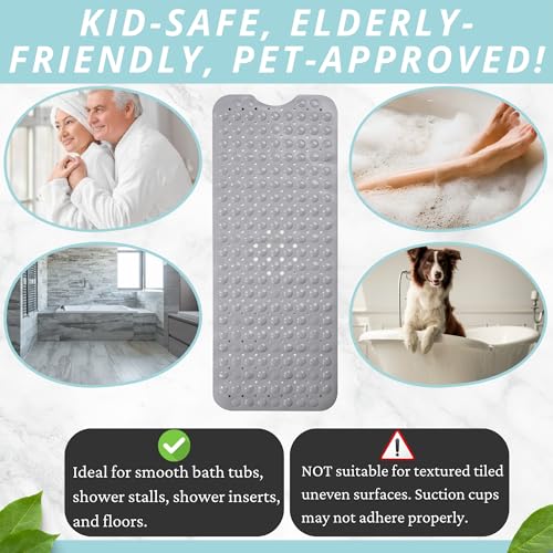 ENKOSI Non-Slip Bath & Shower Mat 40x16 Extra Long, Suction & Drain Holes | Gray color; Durable PVC; 40x16 in, Gray - color: Gray