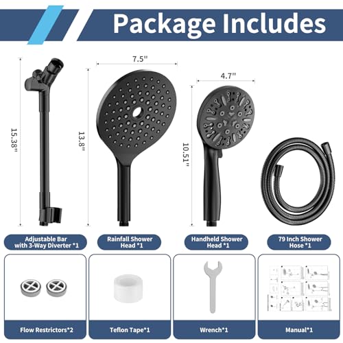 High Pressure Dual Shower Head with Handheld Spray Combo | 9 Spray Modes Handheld Showerhead, Double Rainfall Structure, Waterfall Shower Equipped with 79-Inch Hose, Matte Black - color: Matte Black