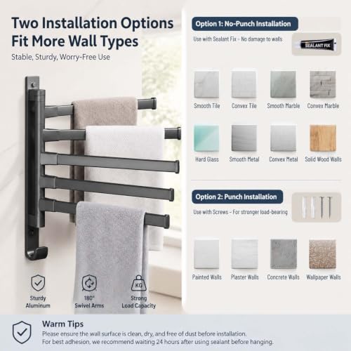 2-5 Arms Swivel Towel Rack Bath Towel Holder with Hook Swing Arm Towel Rack Wall Mount for Bathroom Kitchen (Grey, 5-arm) - color: Grey, size: 5-arm