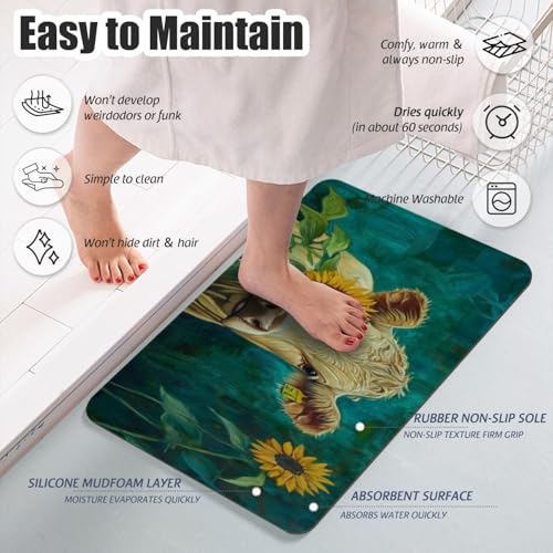 Bathroom Runner Mat Rugs Long,Cow with Sunflower Animal Beautiful Diatomite Stone Bath Mat Large Absorbent Diatomaceous Earth Mat Non Slip Fast Dry Shower Mat Bathroom Rugs Floor Mat 16x42in - color: Design15