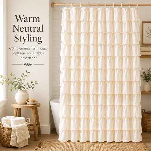Beige Ruffle Shower Curtain for Bathroom, 72x84 inch, Elegant Ruffled Panel | Ruched Fabric Texture, Cascading Waterfall Ruffles, Extra-Long 72 X 84, 12 Hooks Included, Machine Washable, Opaque Rustic - color: Beige, size: 72"W x 84"L (Pack of 1)